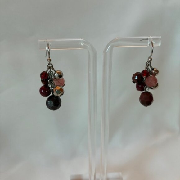 Earrings - silver tone with clusters of brown and burgundy beads - Picture 1 of 4